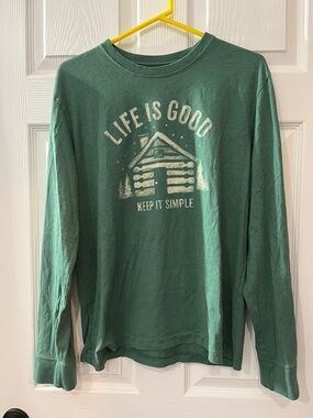 Life Is Good womens Long Sleeve Tee - Teal Green Cabin Graphic